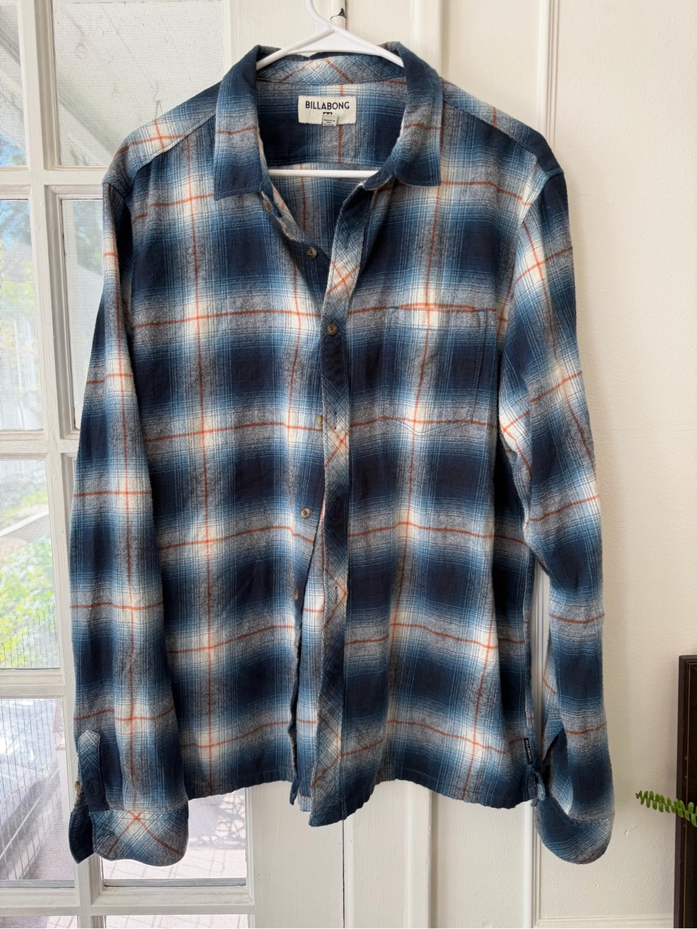 Billabong Men’s Navy and White Plaid Button-Down Shirt with Brown Accents